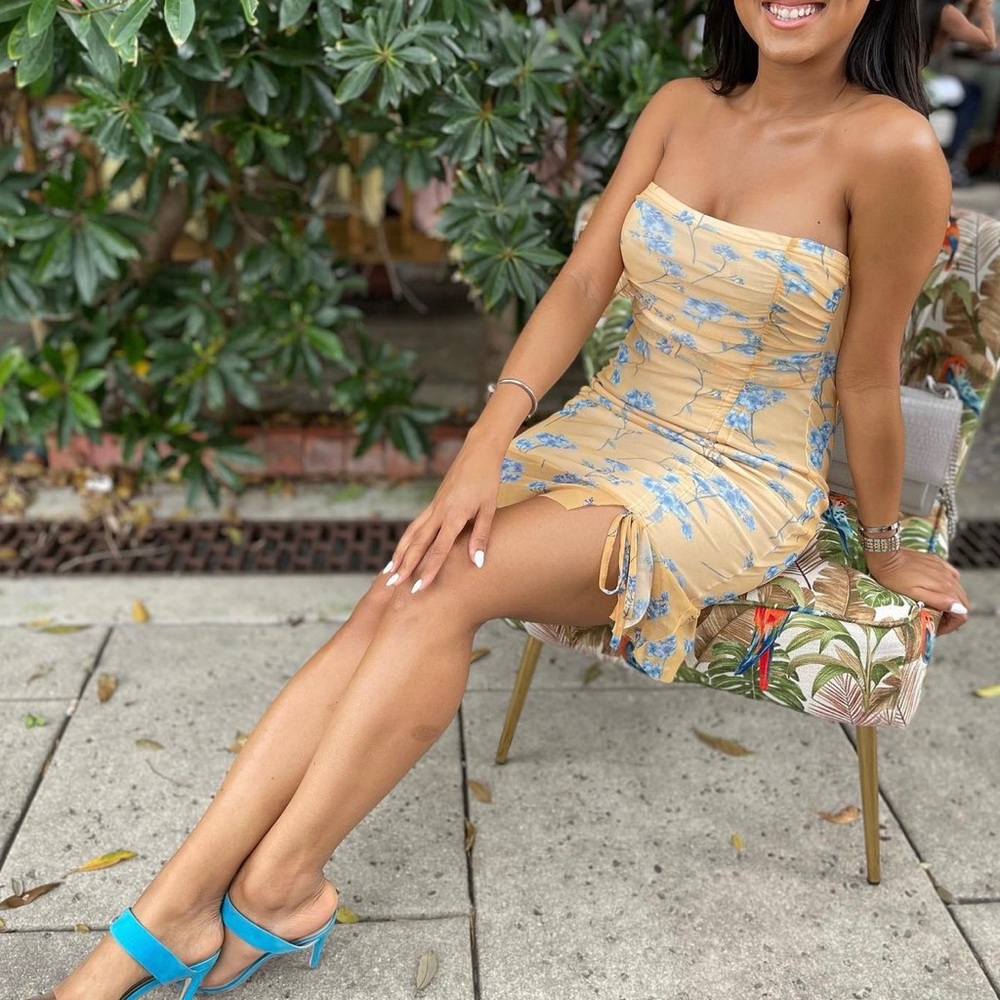 Yellow Bardot Dress with Blue Flowers